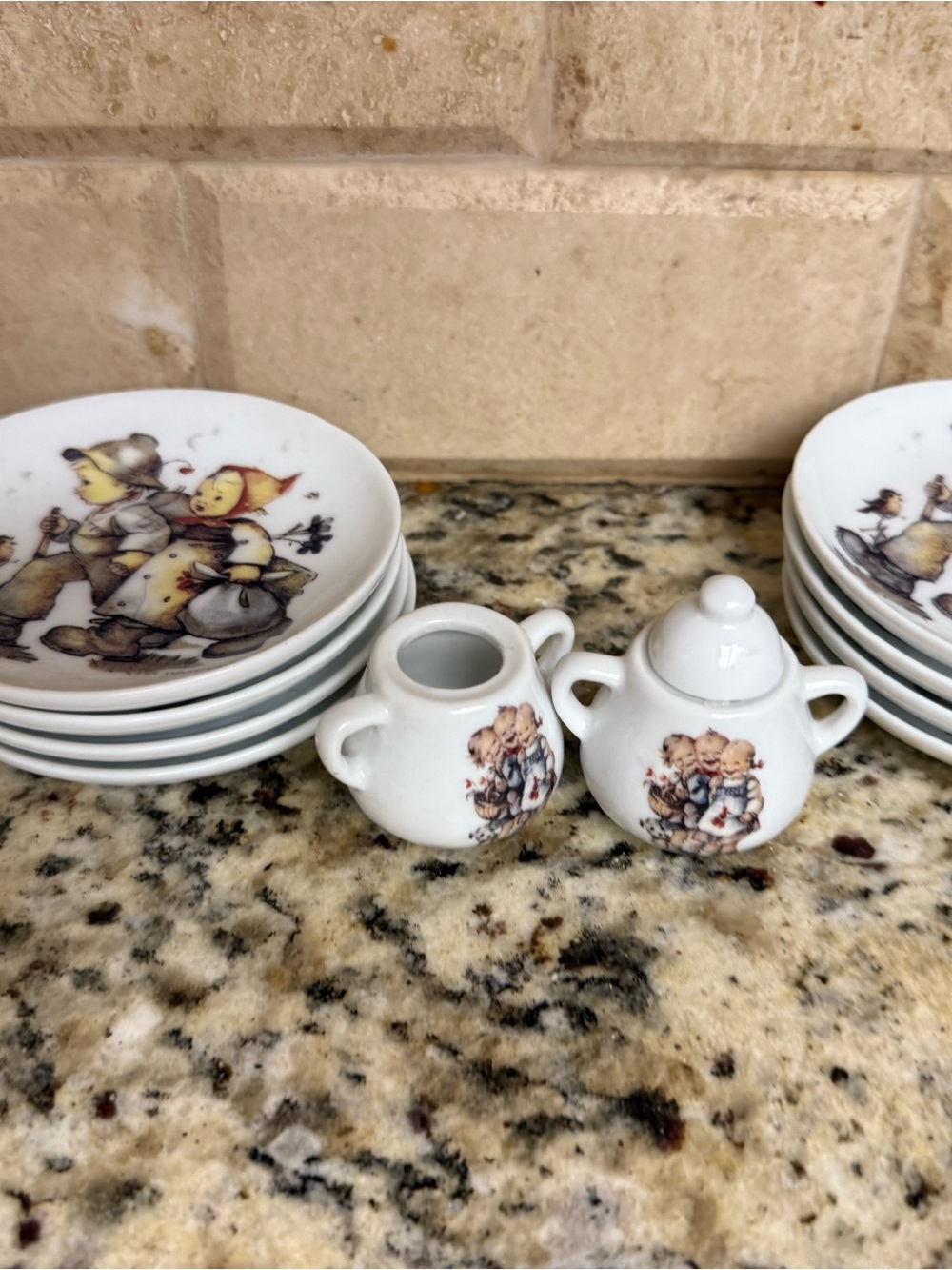 White Ceramic Mini Sugar and Creamer Set with Children Illustration